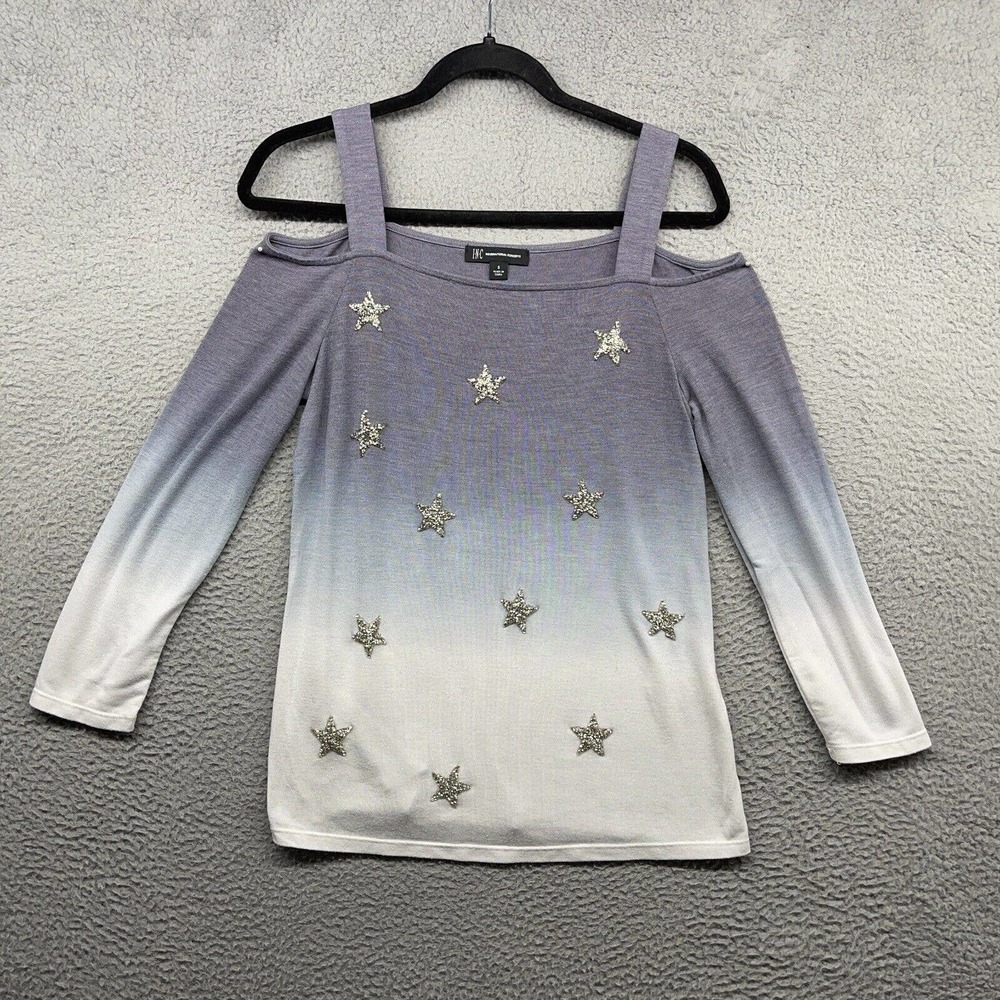 INC Womens Blouse Ombre Glitter Star Long Sleeve Cold Shoulder Knit Strap Size S